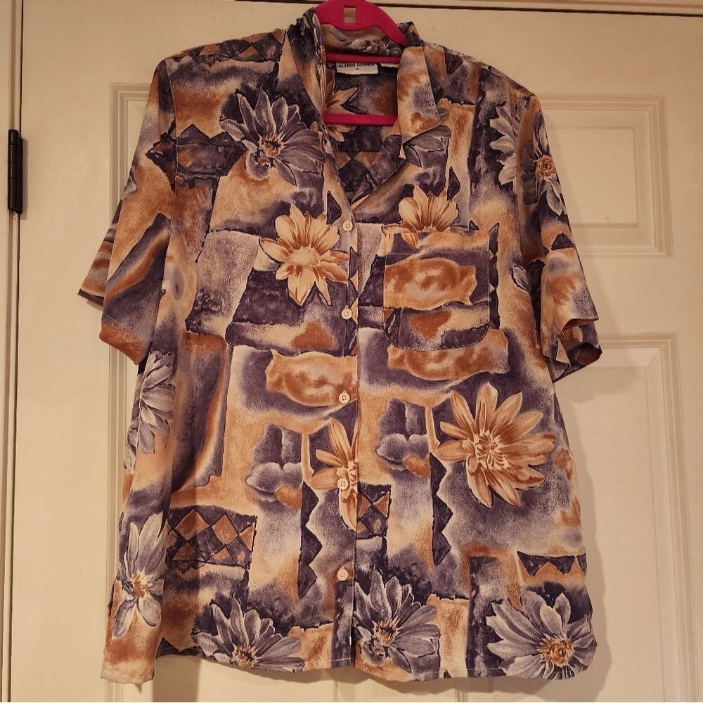 Alfred Dunner gray and tan floral button up blouse Size 18